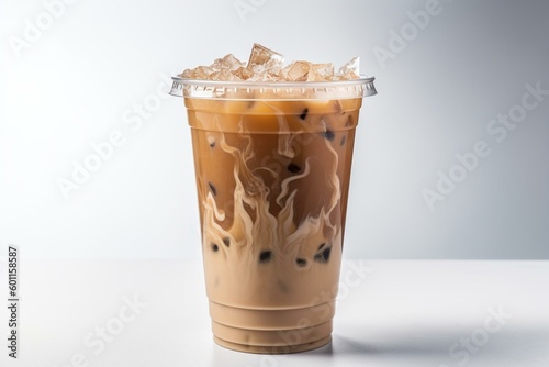 Iced coffee or latte in disposable take-away cup against a white backdrop with clipping path. Generative AI