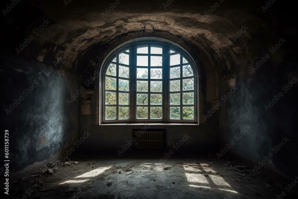 A round window in a deserted tower. Generative AI