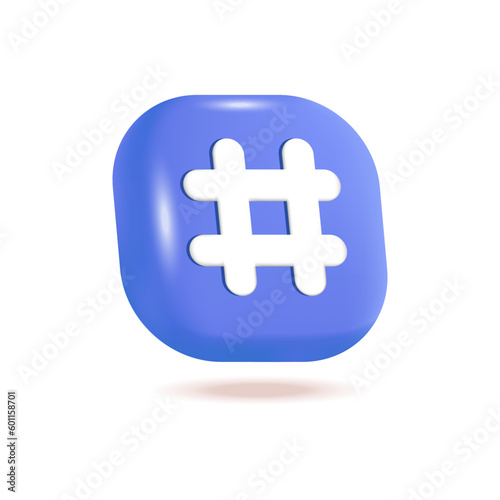 Hashtag icon 3d vector illustration. Social media icon for networking sites or applications in cartoon style isolated on white background. Online communication, digital marketing concept