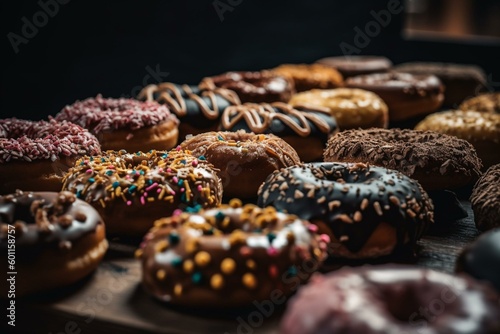 A variety of donuts with colorful toppings. Generative AI