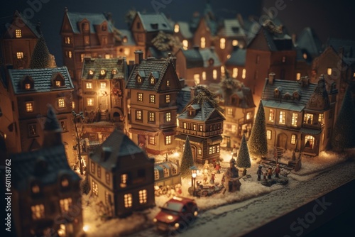 Festive miniature town with buildings and decorations for Christmas. Generative AI
