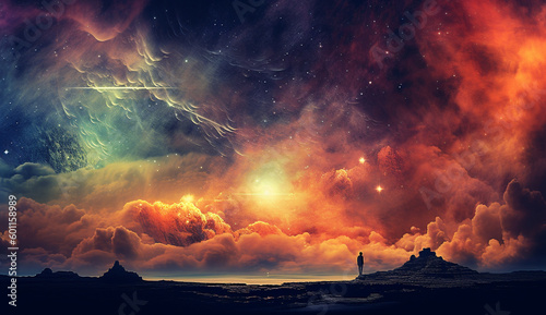 Photographie Person standing at the edge of the universe watching a massive celestial electrical storm in the sky with clouds