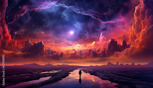 Person standing at the edge of the universe watching a massive celestial electrical storm in the sky with clouds. Lightning, color and power in nature. generative AI  © Haydiddle
