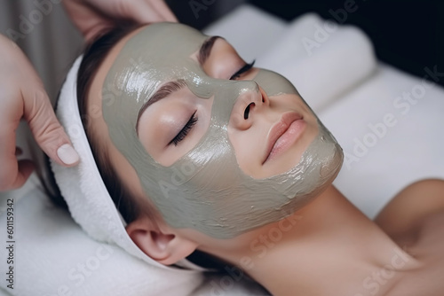 Beautiful young woman lying on massage table with cosmetologist applying face mask. IA Generative