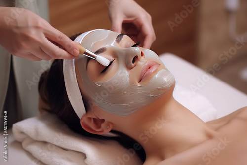 Beautiful young woman lying on massage table with cosmetologist applying face mask. IA Generative