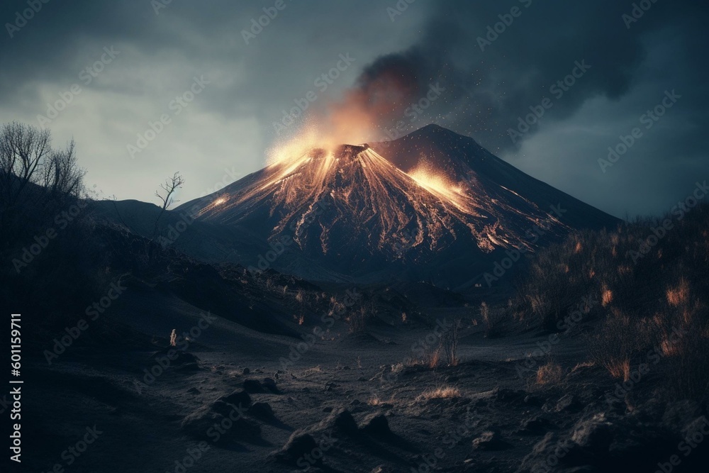 Realistic scene of a volcanic mountain. Generative AI