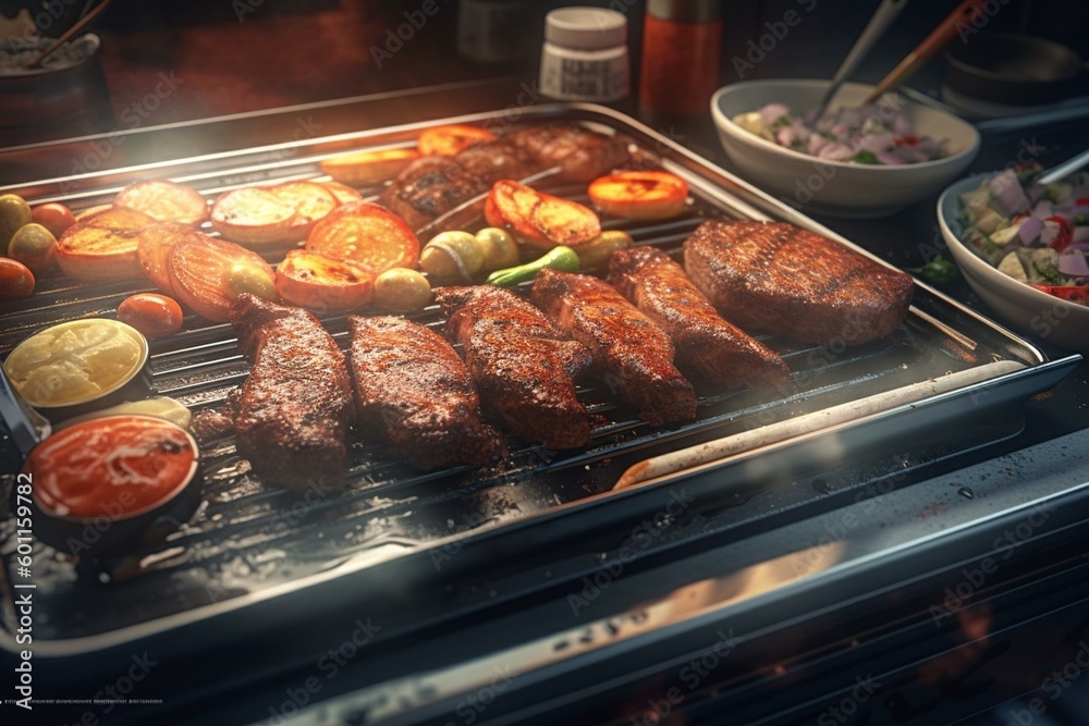 Close-up illustration of delicious barbecue on tray. Generative AI