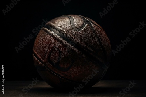 A dark leather basketball rests on a black surface. Generative AI