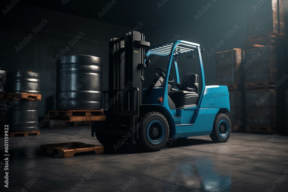 A 3D rendering of a realistic forklift lifting blue barrels on a gray background. Generative AI