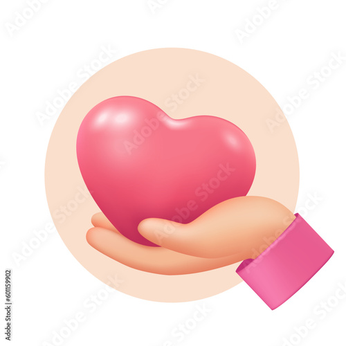 Hand holding heart 3d vector illustration. Character expressing love in pink circle in cartoon style isolated on white background. Valentine's day, love, relationship concept