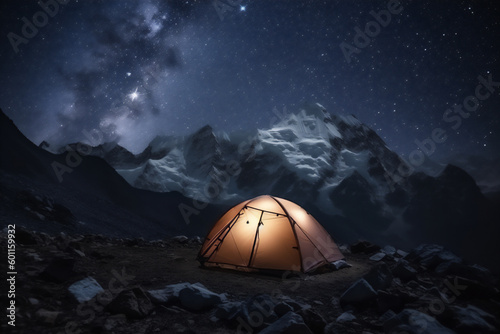 Tent lit at night in the snowy mountains at night with the sky full of stars and the Milky Way. Generative AI.
