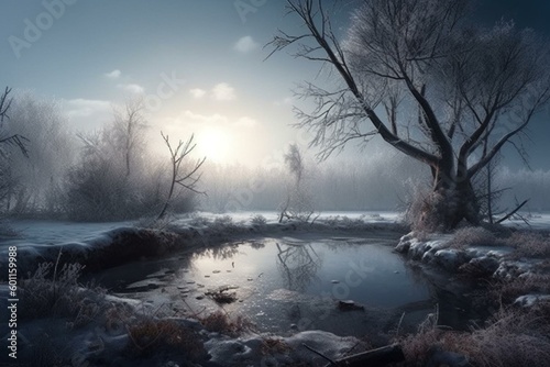 Imagined winter landscape in 3D - digital art. Generative AI