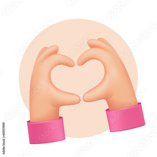 Hands showing heart gesture 3d vector illustration. Character expressing love in pink circle in cartoon style isolated on white background. Valentine's day, love, anniversary concept