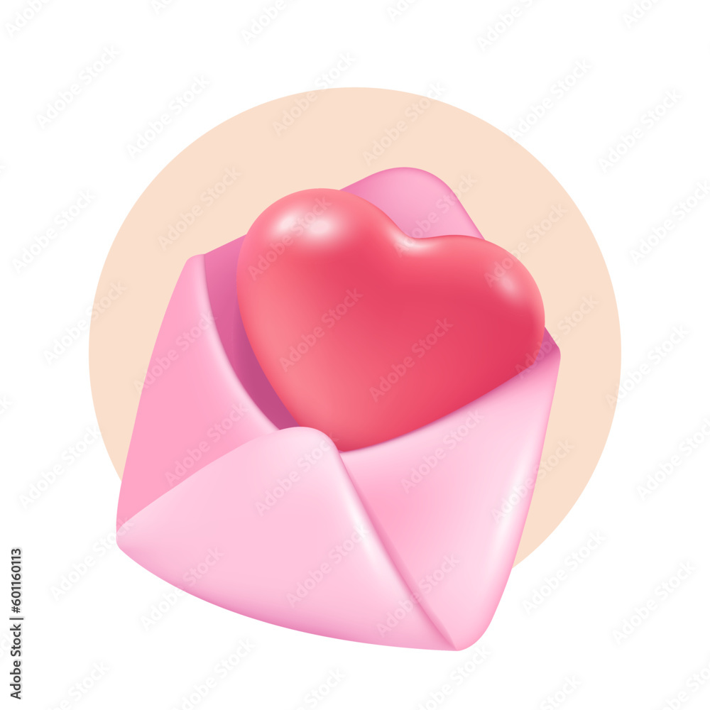 Romantic letter with heart 3d vector illustration. Cute gift from lover in pink circle in cartoon style isolated on white background. Valentine's day, love, anniversary concept