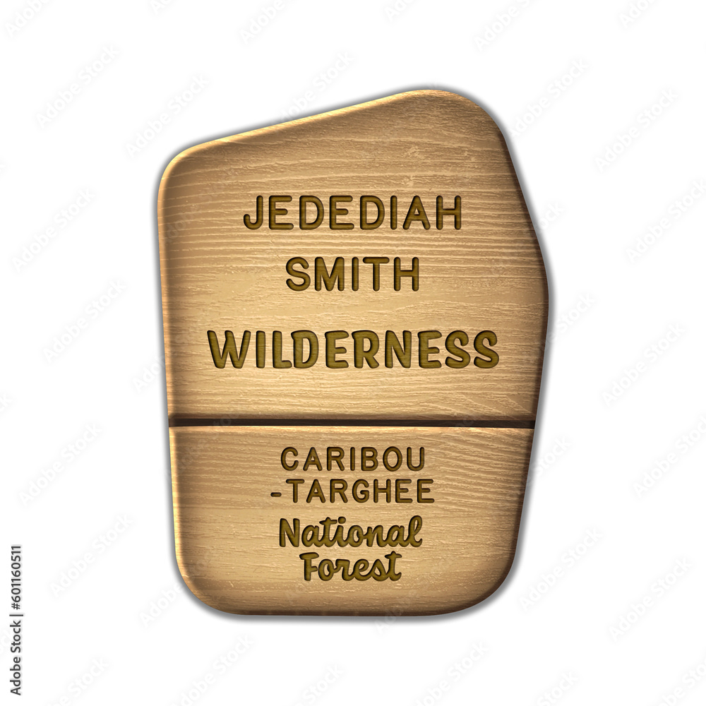 Jedediah Smith National Wilderness, Caribou-Targheee National Forest wood sign illustration on transparent background