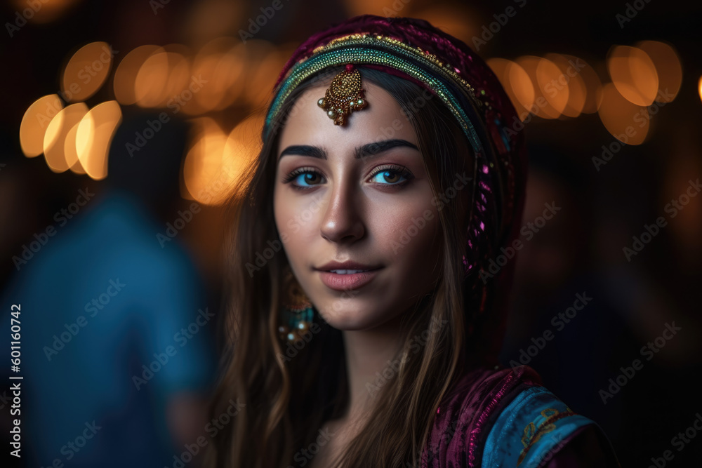 A medium shot of a Turkish female dancer looking into the camera