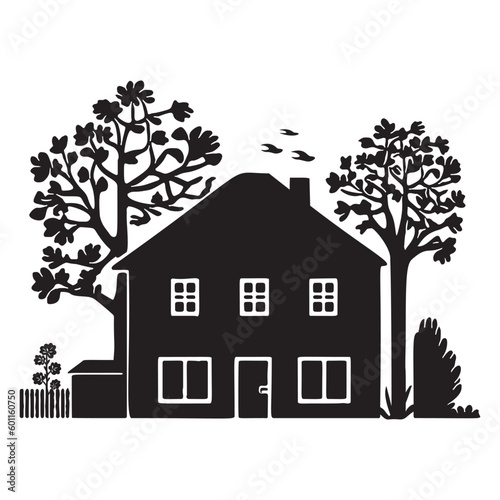 Cute rustic cottage motif in homestead vintage style. Vector illustration of whimsical rural country house. 