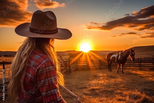 Serene image of a cowgirl watching the sun rise over the ranch, with golden hues and a sense of peace and tranquility. A moment of beauty in nature. Generative AI. © Kishore Newton