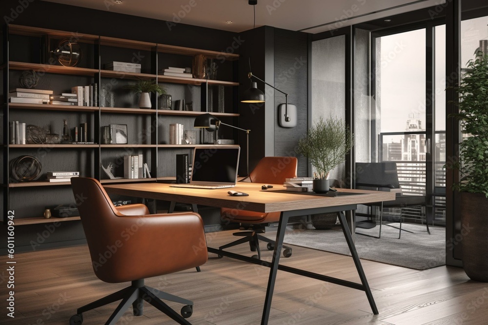 3D rendered office space with work desk and chair for staff. Generative AI