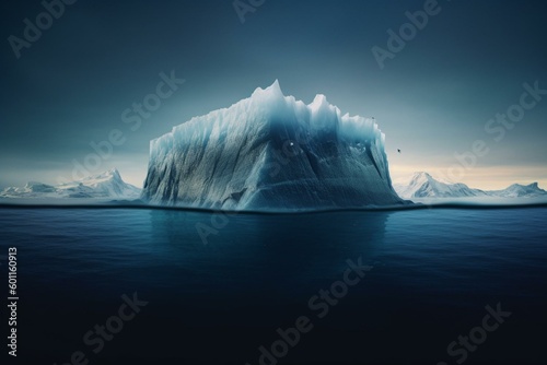 Illustration of an iceberg with an exposed top and hidden bottom. Generative AI