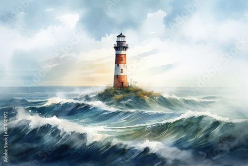 Watercolor painting of a lighthouse on the horizon over the empty sea. Generative AI