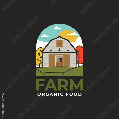 Farm Organic Food Logo template with barn and farmer landscape. Locally grown badge design. Eco logotype. Stock emblem