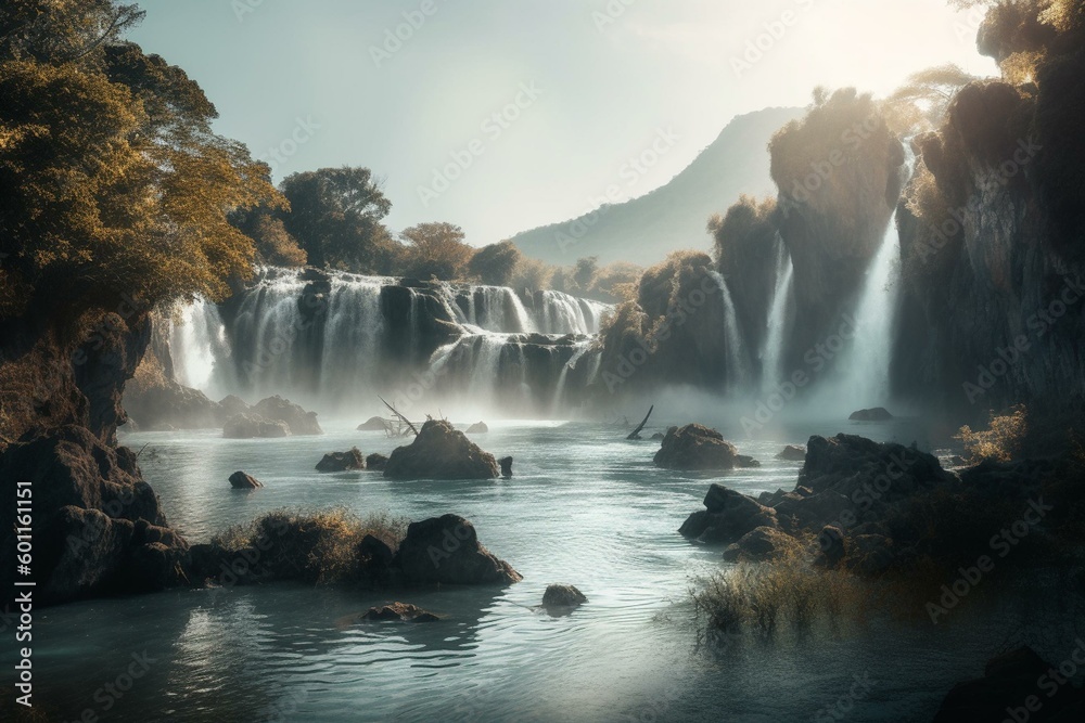 A dreamy landscape where everything floats, with a beautiful waterfall and lush scenery. Generative AI