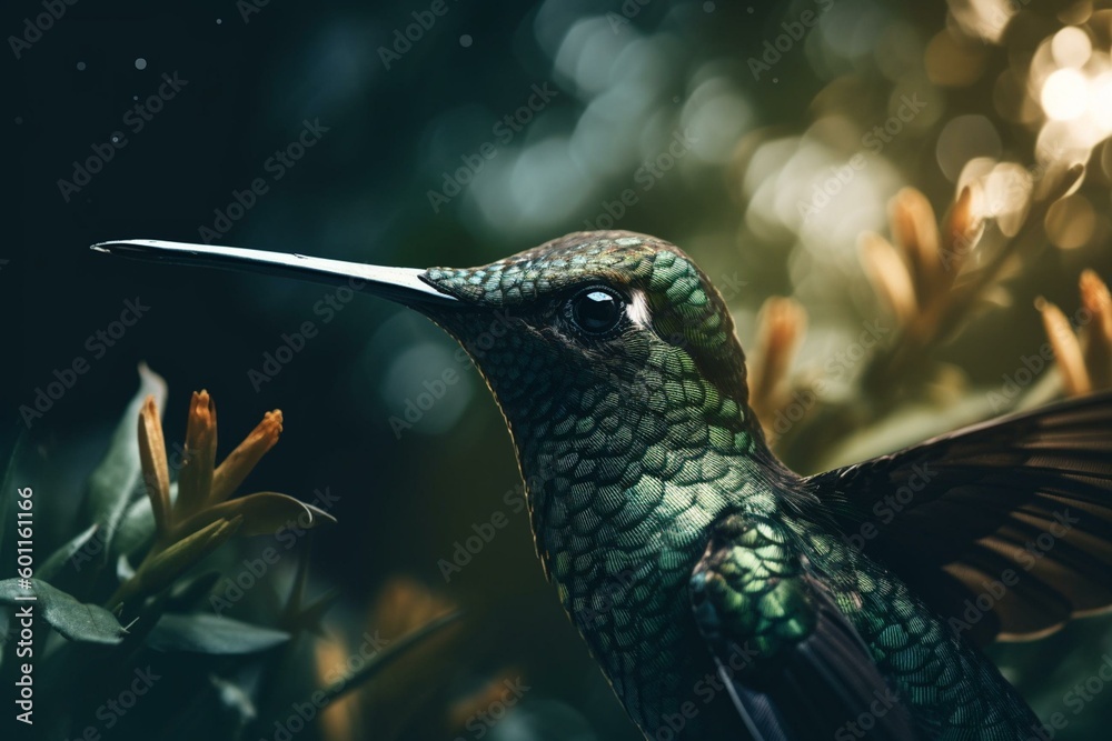 Hummingbird head silhouette and tropical foliage represents protecting nature. Generative AI