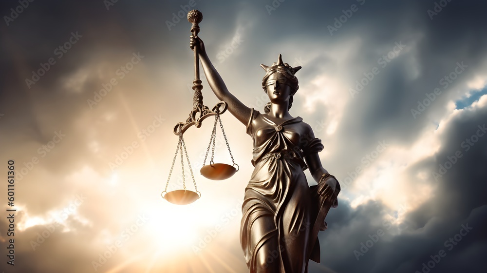 Statue of Lady Justice holding the scale of justice under a dramatic ...