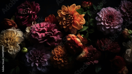 Flowers with drops of water dark moody romantic background. Close-up floral backdrop. Ai generated