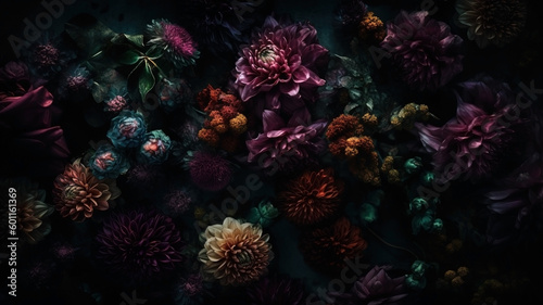 Flowers with drops of water dark moody romantic background. Close-up floral backdrop. Ai generated