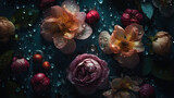 Flowers with drops of water close-up dark romantic background. Ai generated