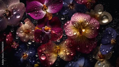 Flowers with drops of water close-up dark romantic background. Ai generated