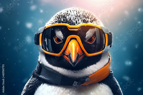 Closeup portrait of penguin wearing winter scarf and ski goggles, standing on white background. Winter sport activities concept. AI generative