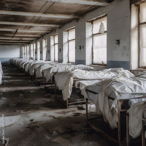 Inside an abandoned morgue in rundown hospital. generative ai