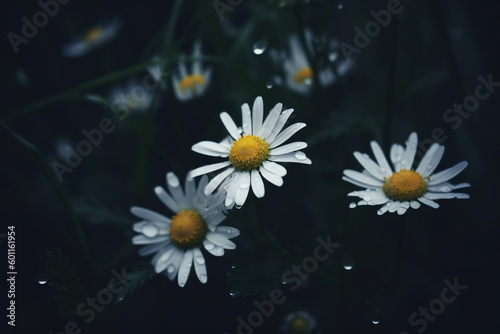 Chamomile dark moody romantic background. Close-up floral card backdrop. Ai generated
