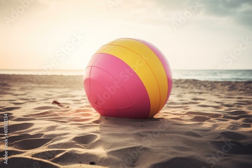 Pink & yellow inflatable beach ball on sand. Symbolic of enjoyable summer getaway. Generative AI