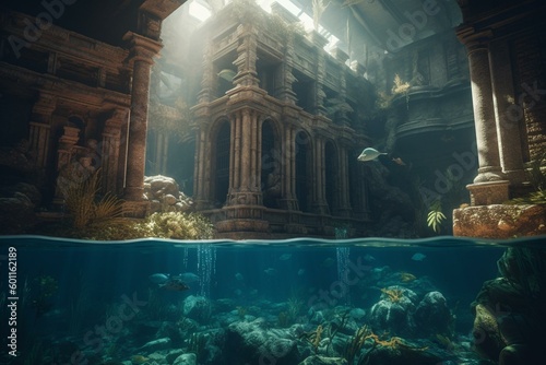 Underwater image of the mythical lost city of Atlantis. Generative AI