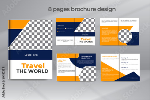 Travel 8 Pages Brochure Design  Layout Background Vector Template in A4 Size 