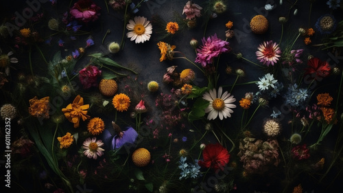 Wildflowers dark moody romantic background. Close-up floral banner. Ai generated