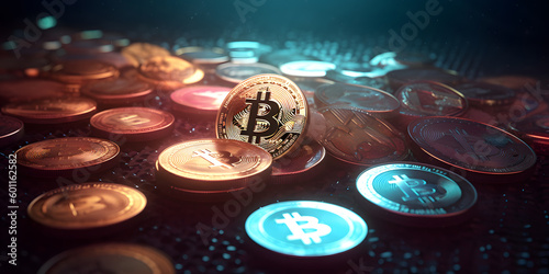 Close up photo of bitcoin crypto currency. Generative AI 