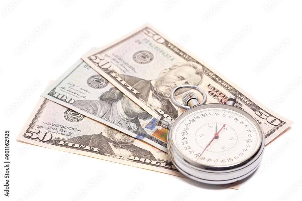 Stopwatch with dollar banknotes. Time is money concept