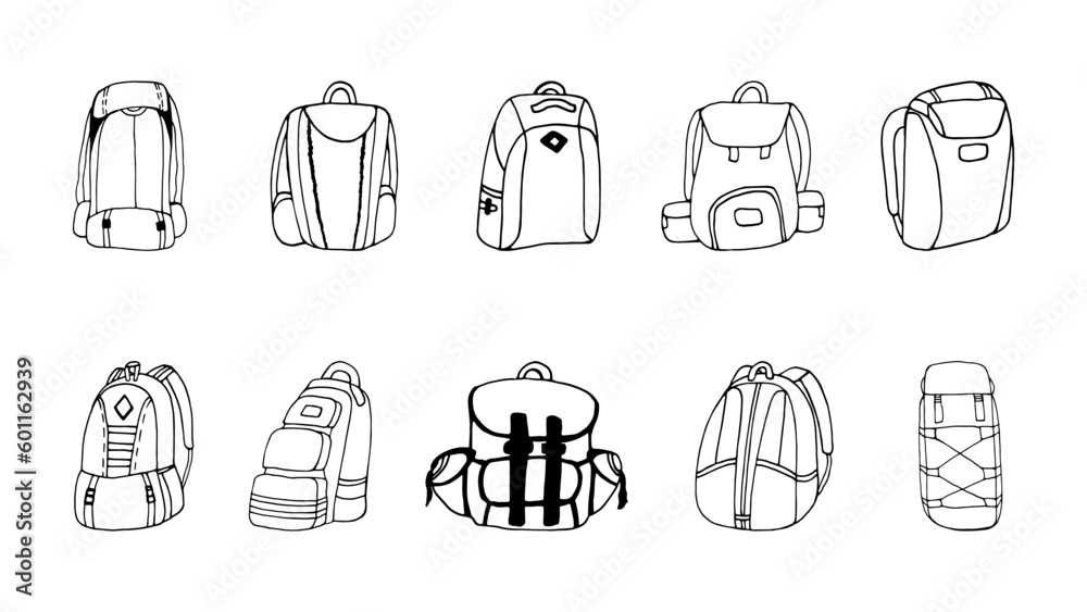 Hand drawn vector camping backpacks clipart set. Hand drawn vector camping backpacks clipart set.
