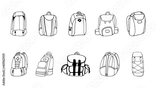 Hand drawn vector camping backpacks clipart set.