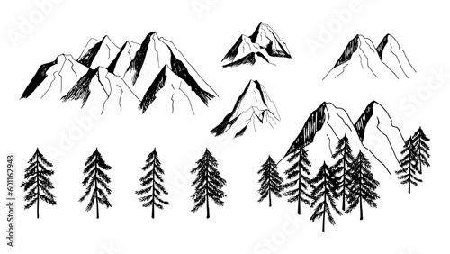 Hand drawn vector mountain and trees sketch clipart. 
