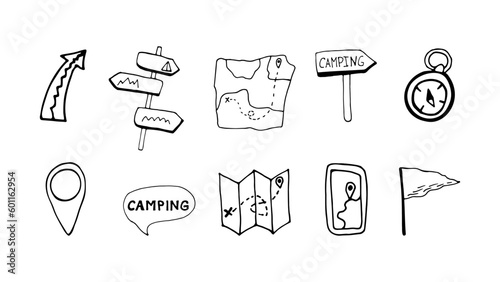 Hand drawn vector camping navigation doodle collection
