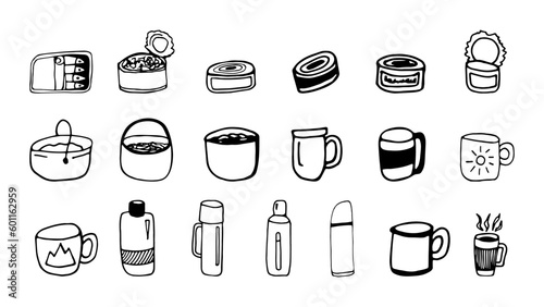 Hand drawn vector camping food and teapots clipart set
