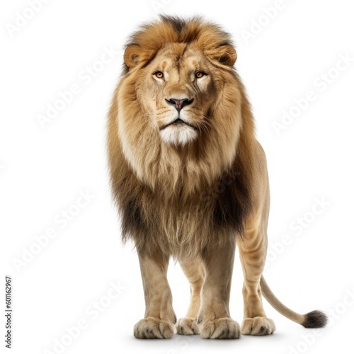Portrait of a Male adult lion looking at the camera  Panthera leo  isolated on white. AI generative