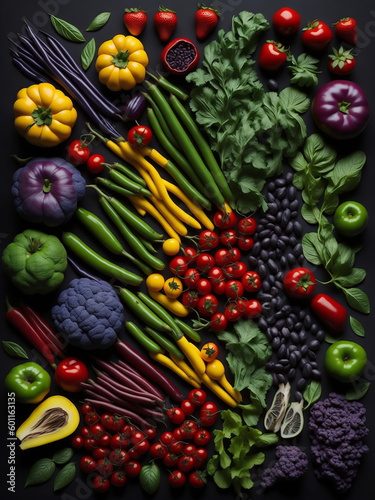 Healthy food  diet  balanced nutrition. Many vegetables  fruits and greens on a graphite background. Nutrition  dietetics  vitamins and trace elements. Color products. Created with AI