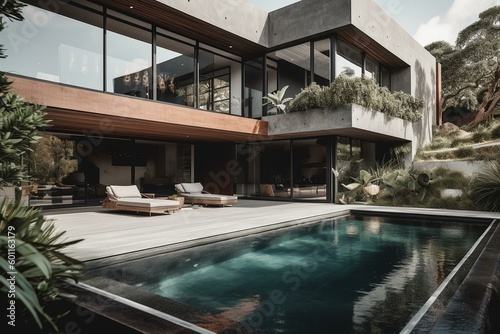 Stunning contemporary abode featuring a pool and a patio. Generative AI